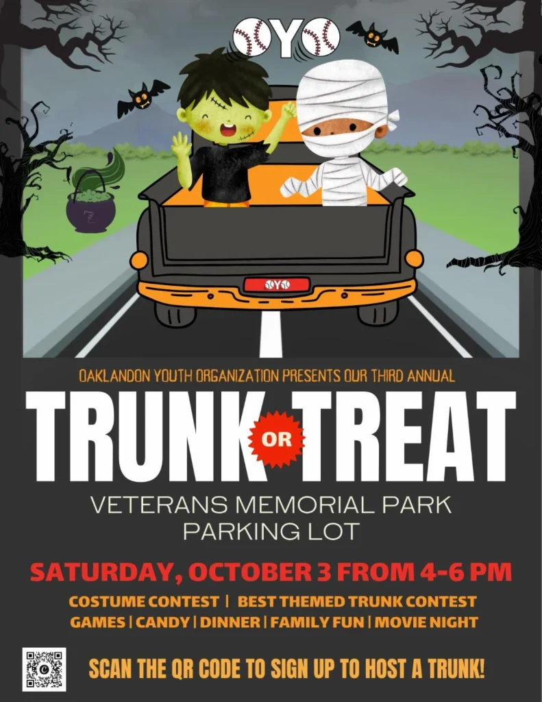 OYO's third annual Trunk or Treat, Saturday, October 3 from 4-6 p.m. at the Veterans Memorial Park parking lot: costume contest, best themed trunk contest, games, candy, dinner, family fun and movie night